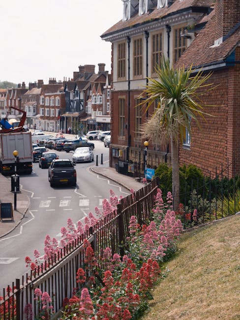 The image depicts a residential street in Mill Hill with a prominent palm tree and vibrant pink and red flowering plants along a black metal fence. In the background, there are traditional brick and w